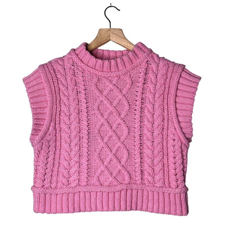 Zara Women Pink Cable Knit Sweater Vest Sleeveless Cropped Crew Neck Small 5755